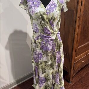 WHBM Floral Chiffon Wrap Dress in Purple and Green